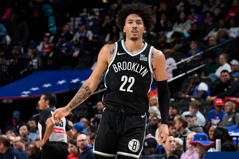 PHILADELPHIA, PA - OCTOBER 16: Jalen Wilson #22 of the Brooklyn Nets looks on during the game against the Philadelphia 76ers on October 16, 2024 at the Wells Fargo Center in Philadelphia, Pennsylvania NOTE TO USER: User expressly acknowledges and agrees that, by downloading and/or using this Photograph, user is consenting to the terms and conditions of the Getty Images License Agreement. Mandatory Copyright Notice: Copyright 2024 NBAE (Photo by David Dow/NBAE via Getty Images)