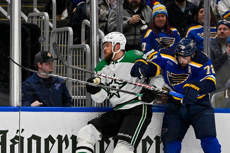 Dec 27, 2023; St. Louis, Missouri, USA;  St. Louis Blues defenseman Justin Faulk (72) checks Dallas Stars defenseman Jani Hakanpaa (2) during the third period at Enterprise Center. Mandatory Credit: Jeff Curry-USA TODAY Sports