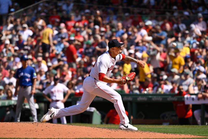 Jun 29, 2025; Boston, Massachusetts, USA; Boston Red Sox relief pitcher Brennan Bernardino (83) pitches against the Toronto Blue Jays during the sixth inning at Fenway Park. Mandatory Credit: Eric Canha-Imagn Images