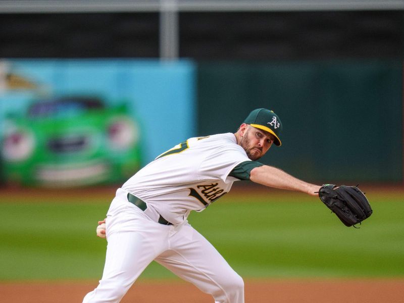 May 6, 2024; Oakland, California, USA; Oakland Athletics starting pitcher Alex Wood (57) delivers a pitch against the Texas Rangers during the first inning at Oakland-Alameda County Coliseum. Mandatory Credit: Neville E. Guard-USA TODAY Sports