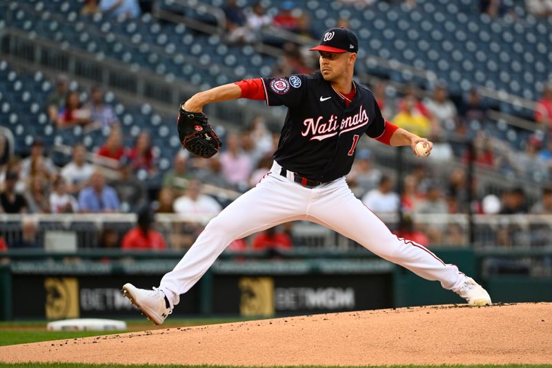Aug 16, 2023; Washington, District of Columbia, USA; Washington Nationals starting pitcher MacKenzie Gore (1) throws to the Boston Red Sox during the first inning at Nationals Park. Mandatory Credit: Brad Mills-USA TODAY Sports