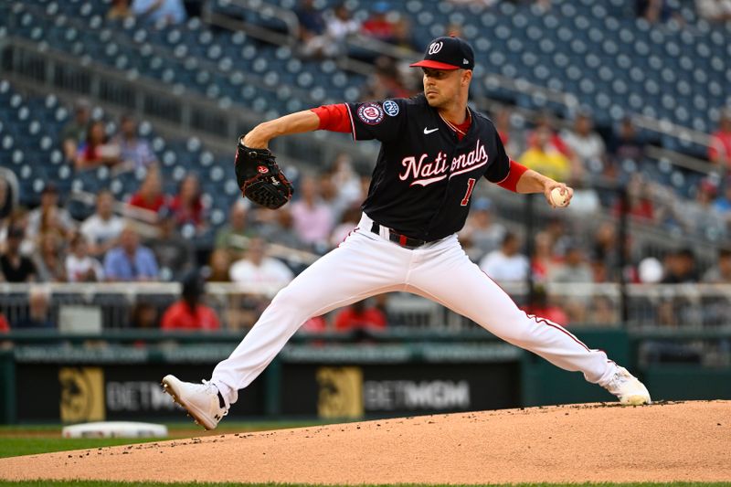 Aug 16, 2023; Washington, District of Columbia, USA; Washington Nationals starting pitcher MacKenzie Gore (1) throws to the Boston Red Sox during the first inning at Nationals Park. Mandatory Credit: Brad Mills-USA TODAY Sports