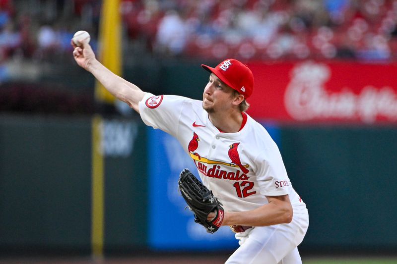 Aug 20, 2024; St. Louis, Missouri, USA;  St. Louis Cardinals starting pitcher Erick Fedde (12) pitches against the Milwaukee Brewers during the second inning at Busch Stadium. Mandatory Credit: Jeff Curry-USA TODAY Sports