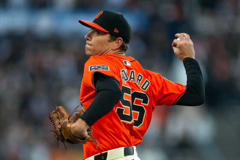 Jun 14, 2024; San Francisco, California, USA; San Francisco Giants starting pitcher Spencer Howard (56) delivers a pitch against the Los Angeles Angels during the second inning at Oracle Park. Mandatory Credit: D. Ross Cameron-USA TODAY Sports