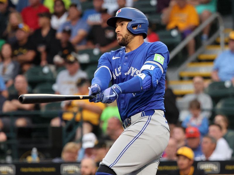 Mar 21, 2024; Bradenton, Florida, USA; Toronto Blue Jays right fielder George Springer (4) doubles during the fifth inning against the Pittsburgh Pirates  at LECOM Park. Mandatory Credit: Kim Klement Neitzel-USA TODAY Sports