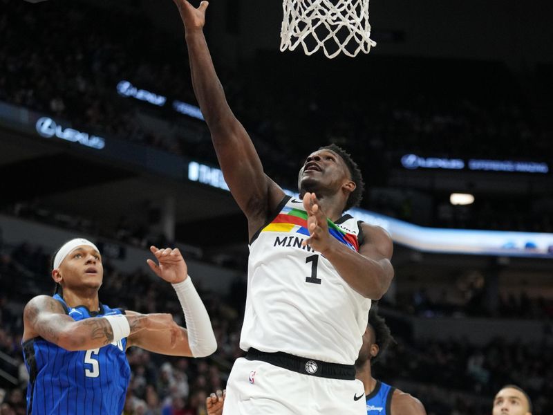 MINNEAPOLIS, MN -  FEBRUARY 3: Anthony Edwards #1 of the Minnesota Timberwolves drives to the basket during the game against the Orlando Magic on February 3, 2023 at Target Center in Minneapolis, Minnesota. NOTE TO USER: User expressly acknowledges and agrees that, by downloading and or using this Photograph, user is consenting to the terms and conditions of the Getty Images License Agreement. Mandatory Copyright Notice: Copyright 2022 NBAE (Photo by Jordan Johnson/NBAE via Getty Images)