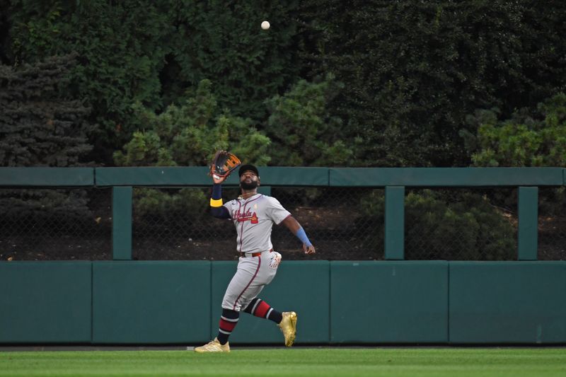 Sep 1, 2024; Philadelphia, Pennsylvania, USA; Atlanta Braves outfielder Michael Harris II (23) catches fly ball during the first inning against the Philadelphia Phillies at Citizens Bank Park. Mandatory Credit: Eric Hartline-USA TODAY Sports