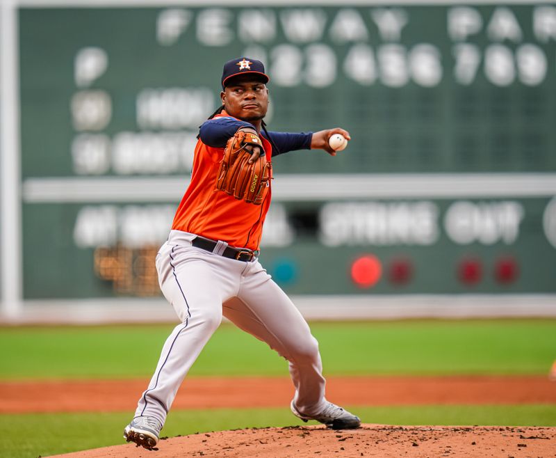 Aug 30, 2023; Boston, Massachusetts, USA; Houston Astros starting pitcher Framber Valdez (59) throws a pitch against the Boston Red Sox in the first inning at Fenway Park. Mandatory Credit: David Butler II-USA TODAY Sports