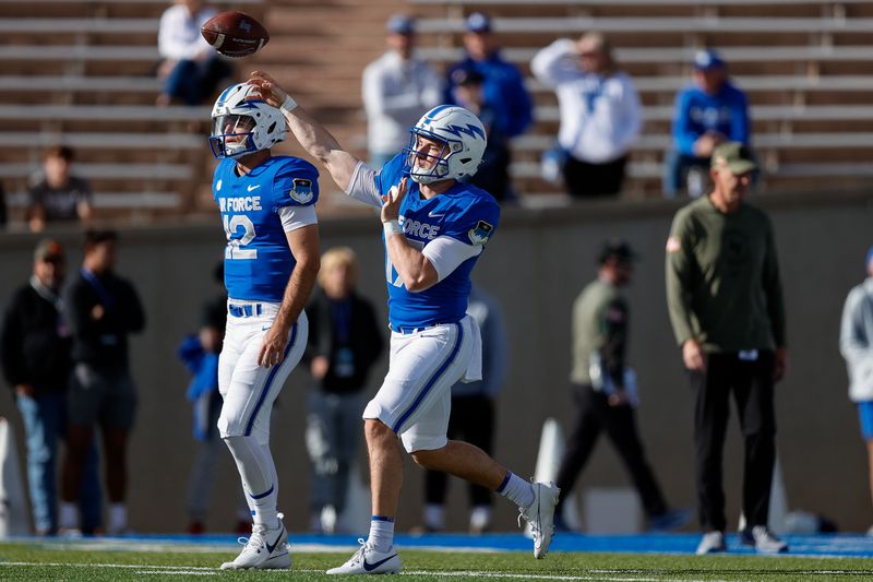 Nov 18, 2023; Colorado Springs, Colorado, USA; Air Force Falcons quarterback Cannon Turner (17) warms up before the game against the UNLV Rebels at Falcon Stadium. Mandatory Credit: Isaiah J. Downing-USA TODAY Sports