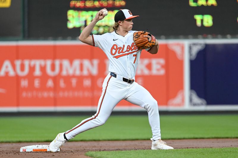 Apr 16, 2024; Baltimore, Maryland, USA; Baltimore Orioles second baseman Jackson Holliday (7) throws to first base on a third inning double play against the Minnesota Twins at Oriole Park at Camden Yards. Mandatory Credit: Tommy Gilligan-USA TODAY Sports