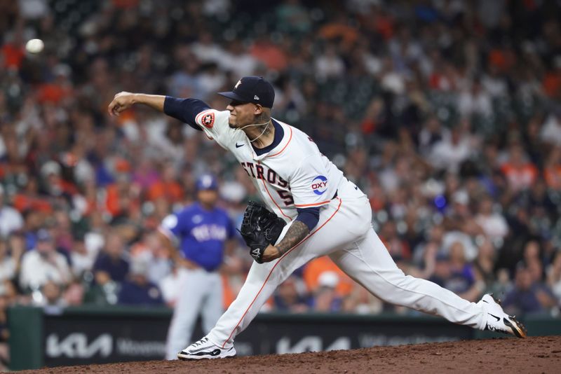 Sep 16, 2025; Houston, Texas, USA; Houston Astros relief pitcher Bryan Abreu (52) delivers a pitch during the ninth inning against the Texas Rangers at Daikin Park. Mandatory Credit: Troy Taormina-Imagn Images