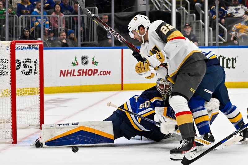 Dec 6, 2023; St. Louis, Missouri, USA;  St. Louis Blues goaltender Jordan Binnington (50) defends the net against Vegas Golden Knights right wing Michael Amadio (22) during the first period at Enterprise Center. Mandatory Credit: Jeff Curry-USA TODAY Sports