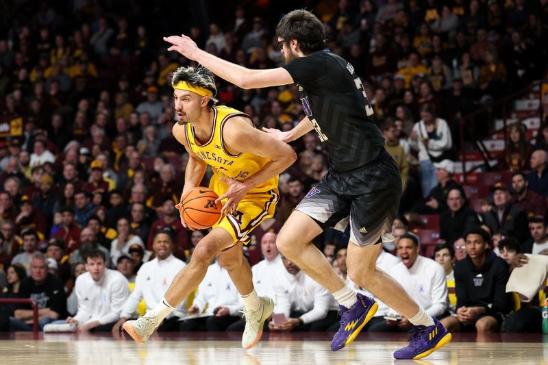 Feb 1, 2025; Minneapolis, Minnesota, USA; Minnesota Golden Gophers forward Dawson Garcia (3) works around Washington Huskies forward Wilhelm Breidenbach (32) during the first half at Williams Arena. Mandatory Credit: Matt Krohn-Imagn Images