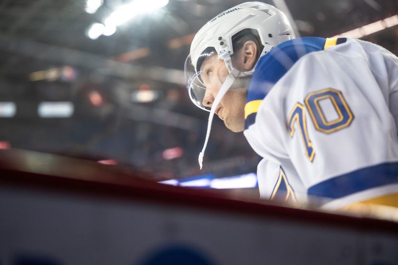 Dec 5, 2024; Calgary, Alberta, CAN; St. Louis Blues center Oskar Sundqvist (70) warms up before a game against the Calgary Flames at Scotiabank Saddledome. Mandatory Credit: Brett Holmes-Imagn Images