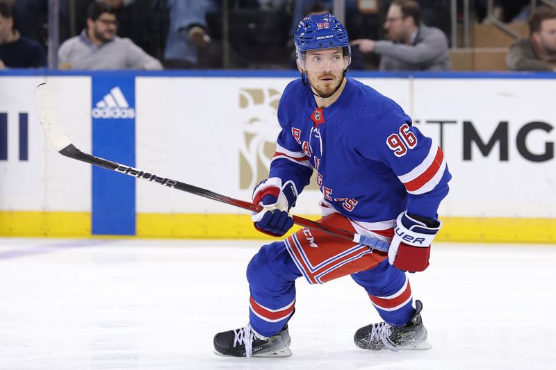 Mar 11, 2024; New York, New York, USA; New York Rangers center Jack Roslovic (96) skates against the New Jersey Devils during the second period at Madison Square Garden. Mandatory Credit: Brad Penner-USA TODAY Sports