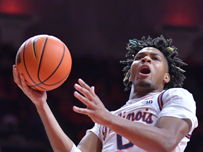 Nov 19, 2023; Champaign, Illinois, USA;  Illinois Fighting Illini guard Terrence Shannon Jr. (0) drives to the basket during the first half against the Southern University Jaguars at State Farm Center. Mandatory Credit: Ron Johnson-USA TODAY Sports