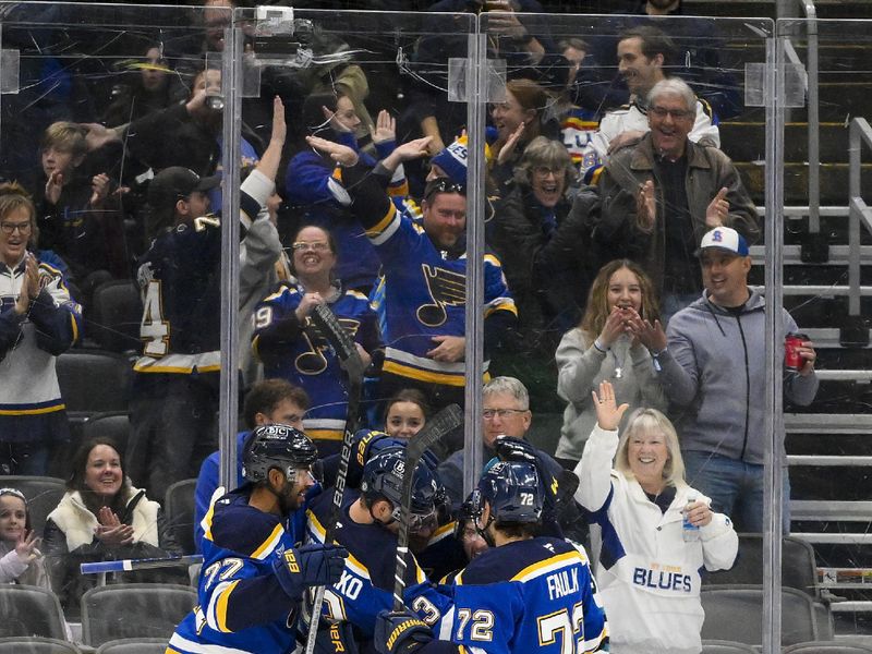 Nov 21, 2024; St. Louis, Missouri, USA;  St. Louis Blues left wing Nathan Walker (26) is congratulated by teammates after scoring against the San Jose Sharks during the first period at Enterprise Center. Mandatory Credit: Jeff Curry-Imagn Images