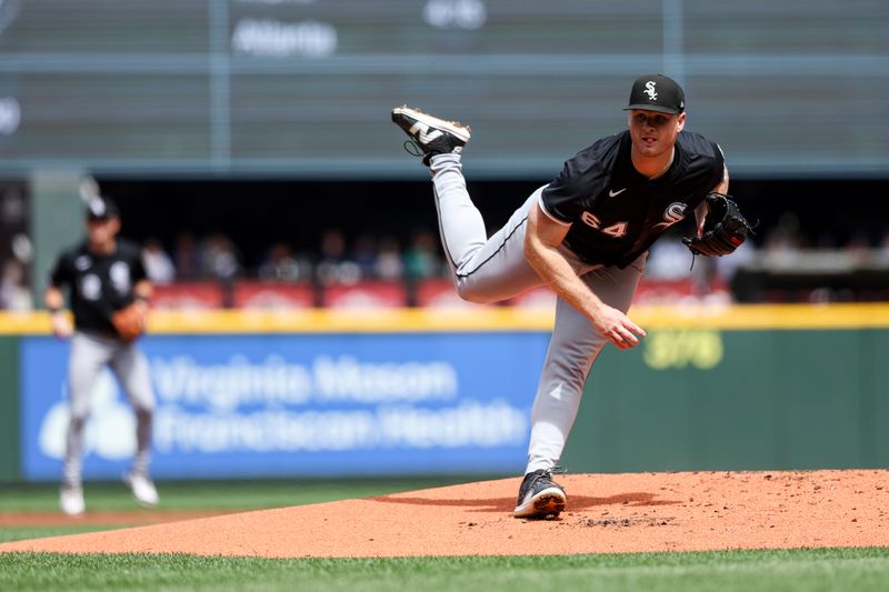 Aug 7, 2025; Seattle, Washington, USA; Chicago White Sox pitcher Shane Smith (64) pitches the ball during the first inning against the Seattle Mariners at T-Mobile Park. Mandatory Credit: Kevin Ng-Imagn Images