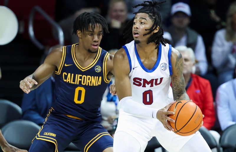 Jan 29, 2025; Dallas, Texas, USA;  Southern Methodist Mustangs guard B.J. Edwards (0) controls the ball as California Golden Bears guard Jeremiah Wilkinson (0) defends during the second half at Moody Coliseum. Mandatory Credit: Kevin Jairaj-Imagn Images