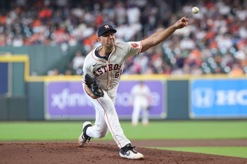 May 31, 2025; Houston, Texas, USA; Houston Astros starting pitcher Colton Gordon (61) delivers a pitch during the third inning against the Tampa Bay Rays at Daikin Park. Mandatory Credit: Troy Taormina-Imagn Images