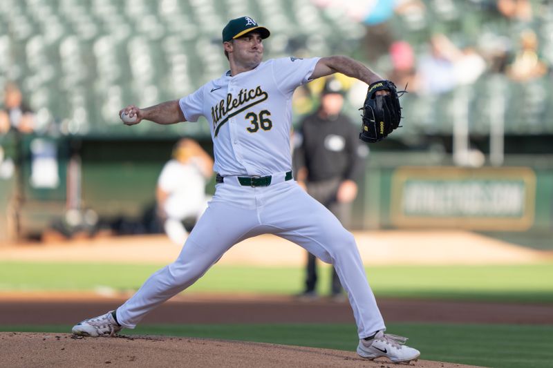 Aug 6, 2024; Oakland, California, USA;  Oakland Athletics pitcher Ross Stripling (36) pitches during the first inning against the Chicago White Sox at Oakland-Alameda County Coliseum. Mandatory Credit: Stan Szeto-USA TODAY Sports