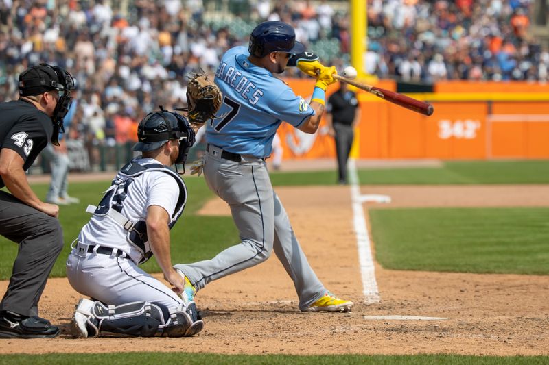 Aug 5, 2023; Detroit, Michigan, USA; Tampa Bay Rays third baseman Isaac Paredes (17) strikes out in the ninth inning to end the game against the Detroit Tigers at Comerica Park. Mandatory Credit: David Reginek-USA TODAY Sports