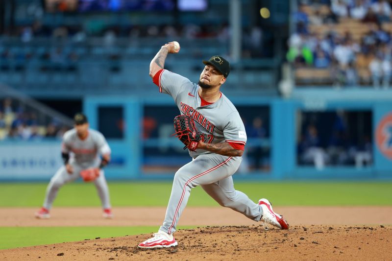 May 17, 2024; Los Angeles, California, USA;  Cincinnati Reds starting pitcher Frankie Montas (47) pitches second inning against the Los Angeles Dodgers at Dodger Stadium. Mandatory Credit: Kiyoshi Mio-USA TODAY Sports