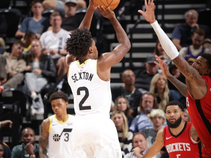 SALT LAKE CITY, UT - OCTOBER 7: Collin Sexton #2 of the Utah Jazz shoots the ball during the game against the Houston Rockets during a NBA preseason game on October 7, 2024 at the Delta Center in Salt Lake City, Utah. NOTE TO USER: User expressly acknowledges and agrees that, by downloading and or using this Photograph, User is consenting to the terms and conditions of the Getty Images License Agreement. Mandatory Copyright Notice: Copyright 2024 NBAE (Photo by Melissa Majchrzak/NBAE via Getty Images)