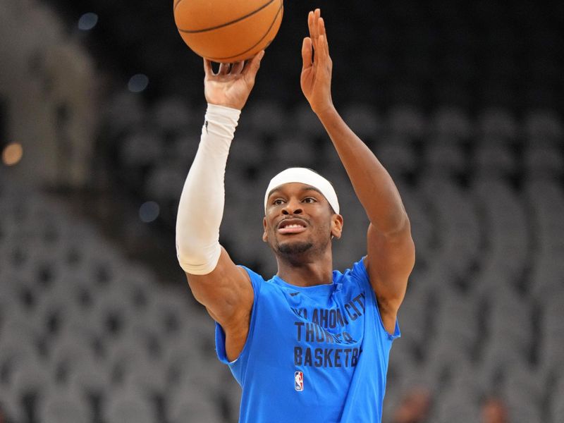 SAN ANTONIO, TX - JANUARY 24: Shai Gilgeous-Alexander #2 of the Oklahoma City Thunder warms up before the game against the San Antonio Spurs on January 24, 2023 at the Frost Bank Center in San Antonio, Texas. NOTE TO USER: User expressly acknowledges and agrees that, by downloading and or using this photograph, user is consenting to the terms and conditions of the Getty Images License Agreement. Mandatory Copyright Notice: Copyright 2024 NBAE (Photos by Jesse D. Garrabrant/NBAE via Getty Images)