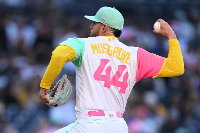 Jun 23, 2023; San Diego, California, USA; San Diego Padres starting pitcher Joe Musgrove (44) throws a pitch against the Washington Nationals during the first inning at Petco Park. Mandatory Credit: Orlando Ramirez-USA TODAY Sports