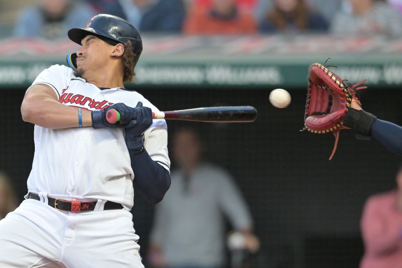 May 26, 2023; Cleveland, Ohio, USA; Cleveland Guardians first baseman Josh Naylor (22) avoids an inside pitch during the fifth inning against the St. Louis Cardinals at Progressive Field. Mandatory Credit: Ken Blaze-USA TODAY Sports