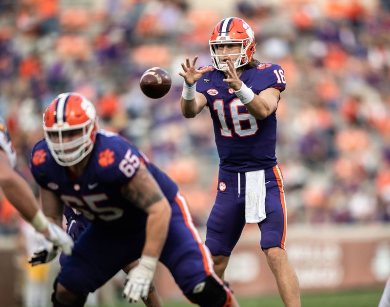 Nov 28, 2020; Clemson, SC, USA; Clemson quarterback Trevor Lawrence (16) takes a snap during the second quarter of the game against Pittsburgh at Memorial Stadium. Mandatory Credit: Ken Ruinard-USA TODAY Sports