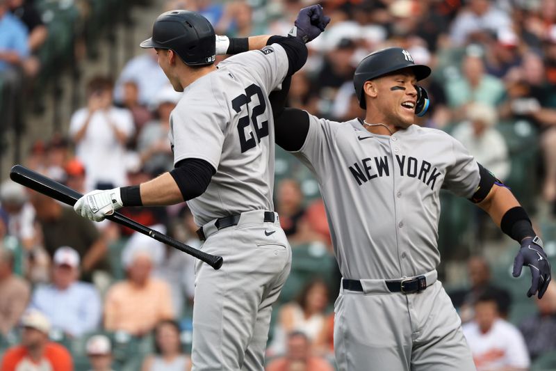 Apr 29, 2025; Baltimore, Maryland, USA; New York Yankees outfielder Aaron Judge (99) celebrates with New York Yankees first baseman Ben Rice (22) after hitting a home run during the first inning against the Baltimore Orioles at Oriole Park at Camden Yards. Mandatory Credit: Daniel Kucin Jr.-Imagn Images