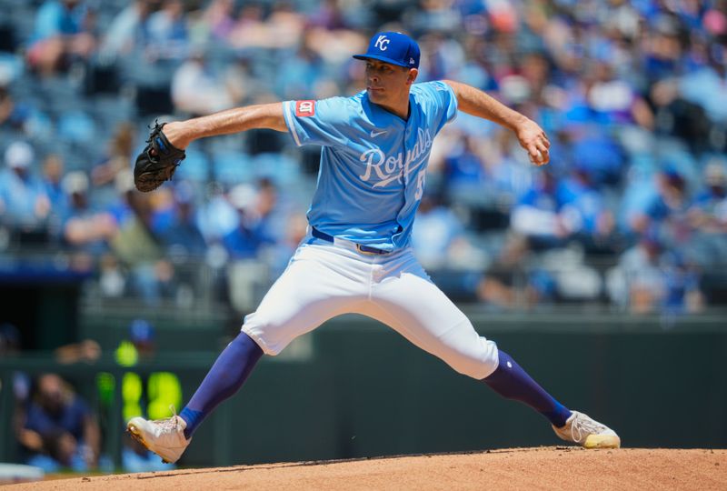 May 8, 2025; Kansas City, Missouri, USA; Kansas City Royals starting pitcher Kris Bubic (50) pitches during the first inning against the Chicago White Sox at Kauffman Stadium. Mandatory Credit: Jay Biggerstaff-Imagn Images