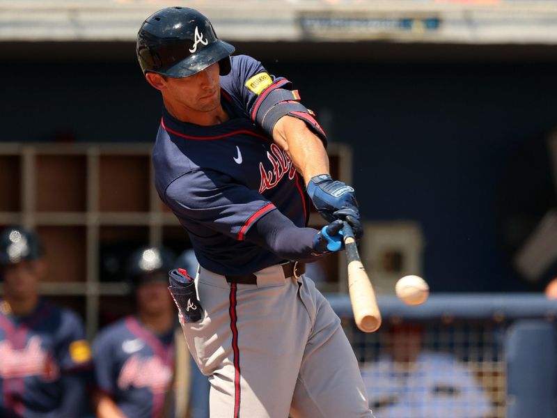 Mar 18, 2024; Port Charlotte, Florida, USA; Atlanta Braves outfielder Eli White (71) singles during the second inning against the Tampa Bay Rays at Charlotte Sports Park. Mandatory Credit: Kim Klement Neitzel-USA TODAY Sports