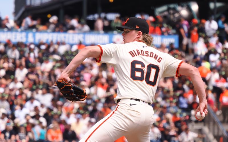 Aug 11, 2024; San Francisco, California, USA; San Francisco Giants starting pitcher Hayden Birdsong (60) pitches the ball against the Detroit Tigers during the first inning at Oracle Park. Mandatory Credit: Kelley L Cox-USA TODAY Sports