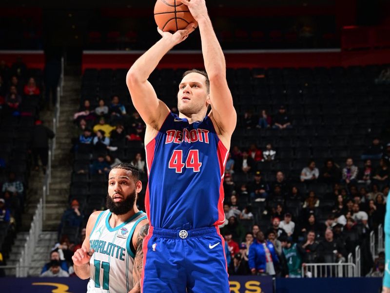 DETROIT, MI - JANUARY 24: Bojan Bogdanovic #44 of the Detroit Pistons shoots the ball during the game against the Charlotte Hornets on January 24, 2024 at Little Caesars Arena in Detroit, Michigan. NOTE TO USER: User expressly acknowledges and agrees that, by downloading and/or using this photograph, User is consenting to the terms and conditions of the Getty Images License Agreement. Mandatory Copyright Notice: Copyright 2024 NBAE (Photo by Chris Schwegler/NBAE via Getty Images)