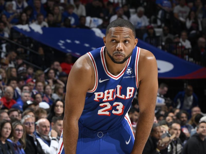 PHILADELPHIA, PA - OCTOBER 23: Eric Gordon #23 of the Philadelphia 76ers looks on during the game against the Milwaukee Bucks on October 23, 2024 at the Wells Fargo Center in Philadelphia, Pennsylvania NOTE TO USER: User expressly acknowledges and agrees that, by downloading and/or using this Photograph, user is consenting to the terms and conditions of the Getty Images License Agreement. Mandatory Copyright Notice: Copyright 2024 NBAE (Photo by David Dow/NBAE via Getty Images)