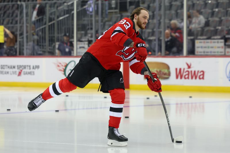 Oct 22, 2024; Newark, New Jersey, USA; New Jersey Devils defenseman Daniil Misyul (93) warms up before making his NHL debut against the Tampa Bay Lightning at Prudential Center. Mandatory Credit: Ed Mulholland-Imagn Images