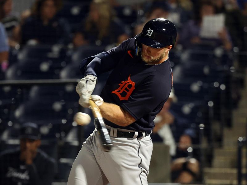 Feb 27, 2023; Tampa, Florida, USA;  Detroit Tigers right fielder Austin Meadows (17) singles during the third inning against the New York Yankees at George M. Steinbrenner Field. Mandatory Credit: Kim Klement-USA TODAY Sports