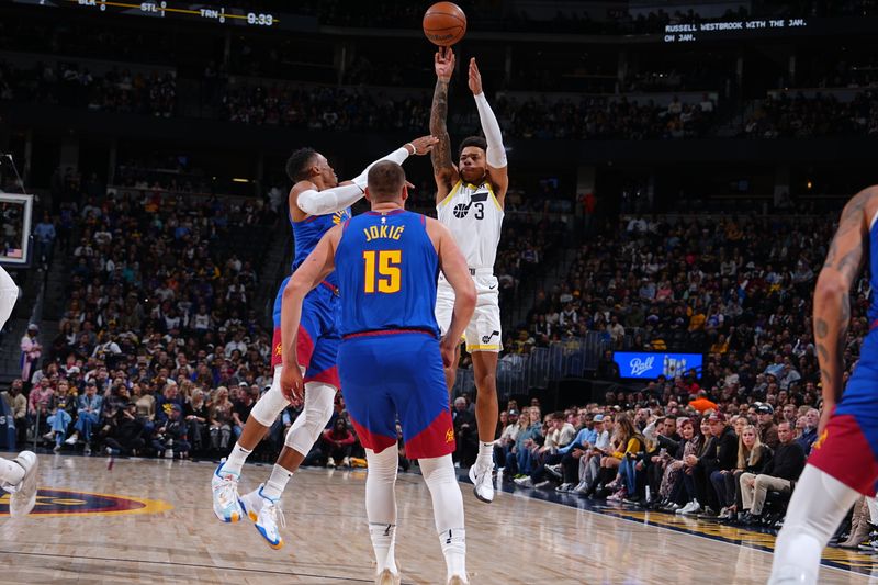 DENVER, CO - NOVEMBER 2: Keyonte George #3 of the Utah Jazz shoots the ball during the game against the Denver Nuggets on November 2, 2024 at Ball Arena in Denver, Colorado. NOTE TO USER: User expressly acknowledges and agrees that, by downloading and/or using this Photograph, user is consenting to the terms and conditions of the Getty Images License Agreement. Mandatory Copyright Notice: Copyright 2024 NBAE (Photo by Garrett Ellwood/NBAE via Getty Images)