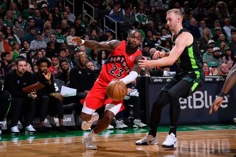 BOSTON, MA - NOVEMBER 16: Jamal Shead #23 of the Toronto Raptors dribbles the ball during the game against the Boston Celtics on November 16, 2024 at TD Garden in Boston, Massachusetts. NOTE TO USER: User expressly acknowledges and agrees that, by downloading and/or using this Photograph, user is consenting to the terms and conditions of the Getty Images License Agreement. Mandatory Copyright Notice: Copyright 2024 NBAE (Photo by Brian Babineau/NBAE via Getty Images)