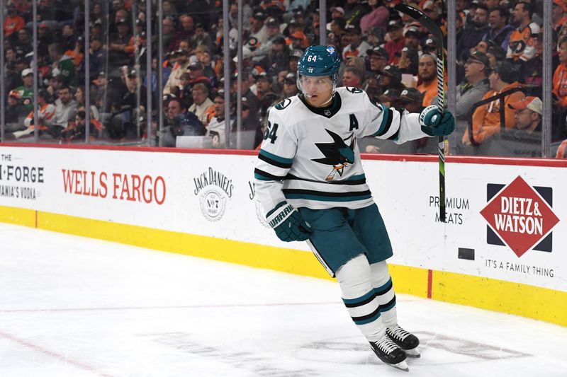 Nov 11, 2024; Philadelphia, Pennsylvania, USA; San Jose Sharks center Mikael Granlund (64) celebrates his goal  against Philadelphia Flyers during the second period at Wells Fargo Center. Mandatory Credit: Eric Hartline-Imagn Images