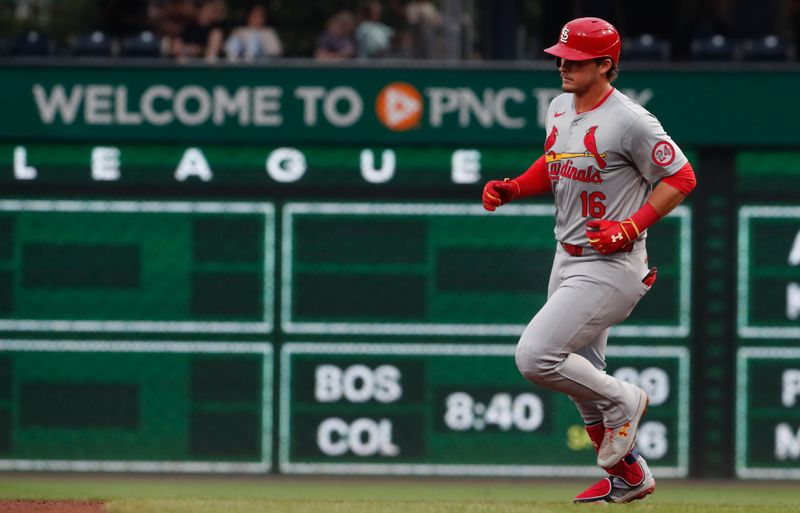 Jul 22, 2024; Pittsburgh, Pennsylvania, USA;  St. Louis Cardinals second baseman Nolan Gorman (16) circles the bases on a solo home run against the Pittsburgh Pirates during the fifth inning at PNC Park. Mandatory Credit: Charles LeClaire-USA TODAY Sports