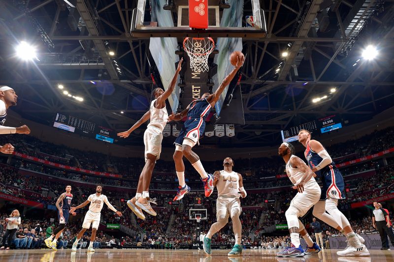 CLEVELAND, OH - MARCH 17: Bradley Beal #3 of the Washington Wizards drives to the basket against the Cleveland Cavaliers  on March 17, 2023 at Rocket Mortgage FieldHouse in Cleveland, Ohio. NOTE TO USER: User expressly acknowledges and agrees that, by downloading and/or using this Photograph, user is consenting to the terms and conditions of the Getty Images License Agreement. Mandatory Copyright Notice: Copyright 2023 NBAE (Photo by David Liam Kyle/NBAE via Getty Images)