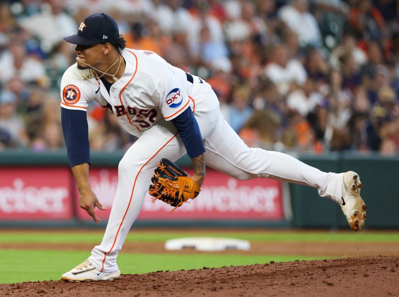 Aug 2, 2023; Houston, Texas, USA; Houston Astros relief pitcher Bryan Abreu (52) pitches against the Cleveland Guardians in the eighth inning at Minute Maid Park. Mandatory Credit: Thomas Shea-USA TODAY Sports