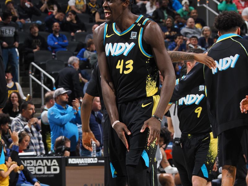 INDIANAPOLIS, IN - MARCH 16: Pascal Siakam #43 of the Indiana Pacers celebrates during the game against the Brooklyn Nets on March 16, 2024 at Gainbridge Fieldhouse in Indianapolis, Indiana. NOTE TO USER: User expressly acknowledges and agrees that, by downloading and or using this Photograph, user is consenting to the terms and conditions of the Getty Images License Agreement. Mandatory Copyright Notice: Copyright 2024 NBAE (Photo by Ron Hoskins/NBAE via Getty Images)