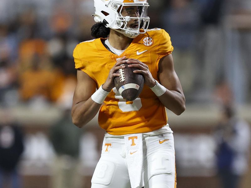 Nov 25, 2023; Knoxville, Tennessee, USA; Tennessee Volunteers quarterback Nico Iamaleava (8) drops back to pass the ball against the Vanderbilt Commodores during the second half at Neyland Stadium. Mandatory Credit: Randy Sartin-USA TODAY Sports