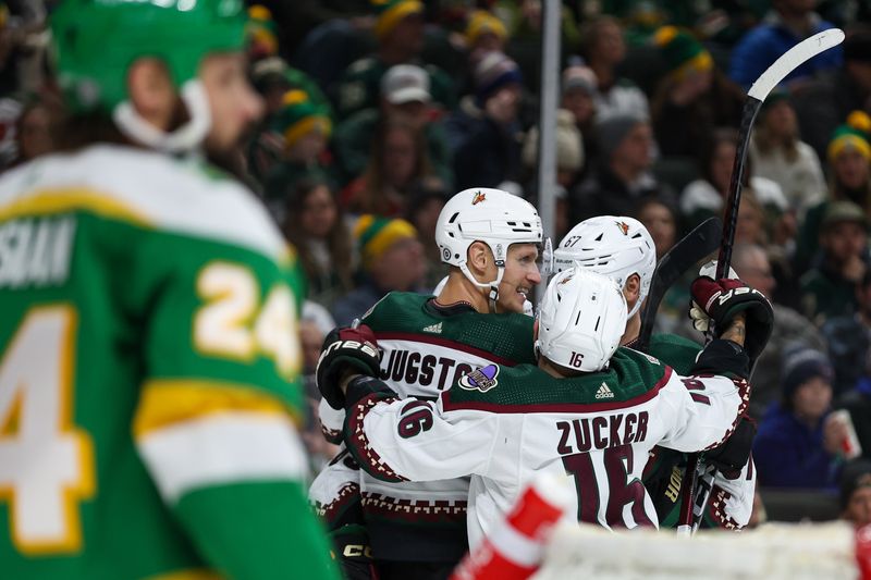 Jan 13, 2024; Saint Paul, Minnesota, USA; Arizona Coyotes center Nick Bjugstad (17) celebrates his powerplay goal against the Minnesota Wild during the first period at Xcel Energy Center. Mandatory Credit: Matt Krohn-USA TODAY Sports