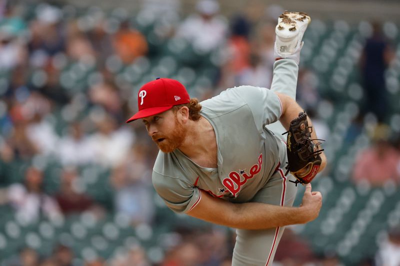 Jun 26, 2024; Detroit, Michigan, USA;  Philadelphia Phillies relief pitcher Spencer Turnbull (22) delivers against the Detroit Tigers in the first inning at Comerica Park. Mandatory Credit: Rick Osentoski-USA TODAY Sports